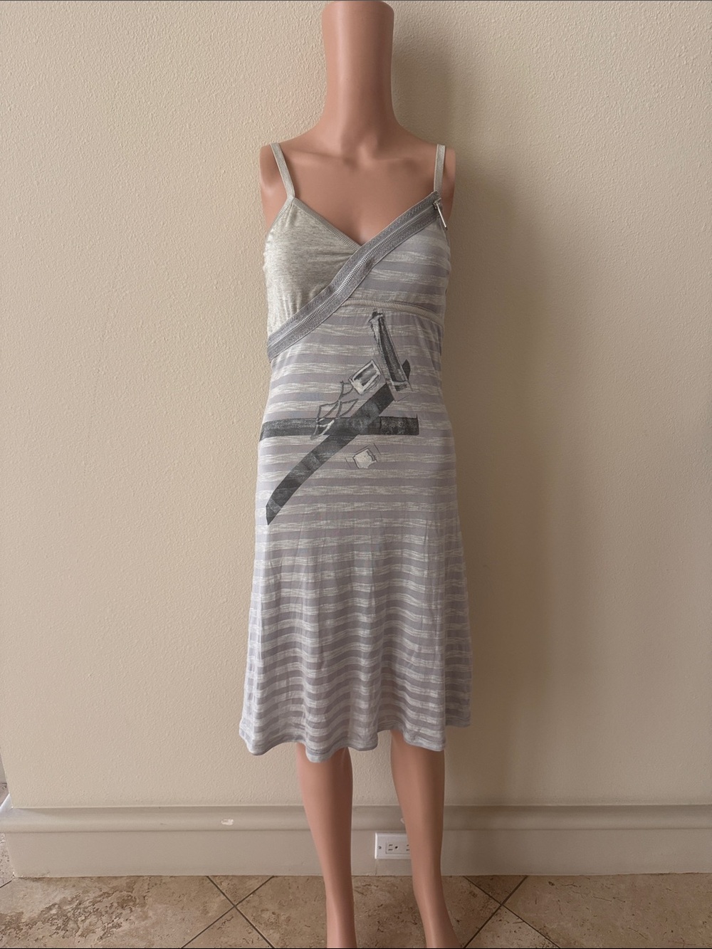 LEGATTE Light Grey Striped V-Neck Slip Dress, Size 10